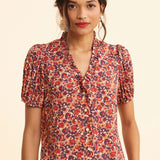 Top rouge imprimé fleuri manches plissées - Ecru - I.Code