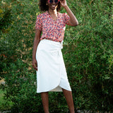 Top rouge imprimé fleuri manches plissées - Ecru - I.Code