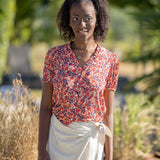 Top rouge imprimé fleuri manches plissées - Ecru - I.Code