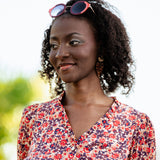 Top rouge imprimé fleuri manches plissées - Ecru - I.Code