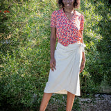 Top rouge imprimé fleuri manches plissées - Ecru - I.Code