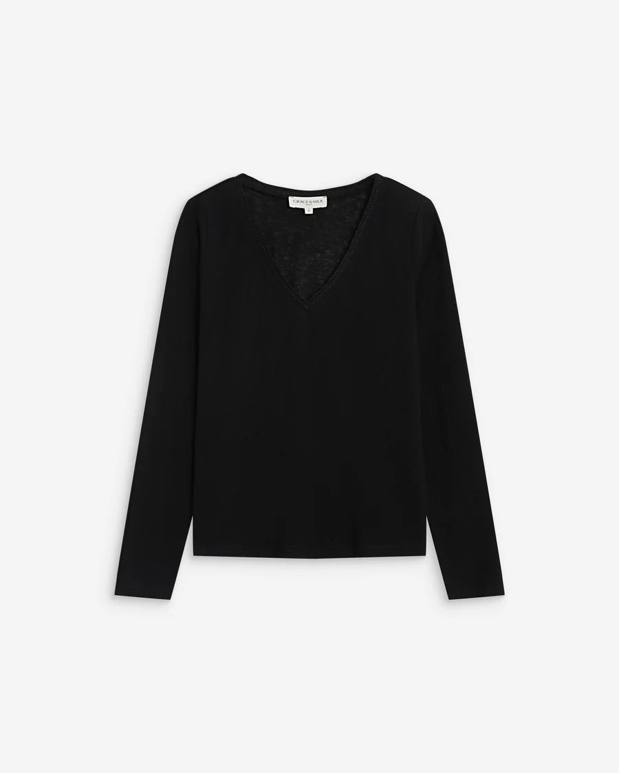 T-shirt manches longues ABRICOT GRACE & MILA noir – vue produit de face avec col V