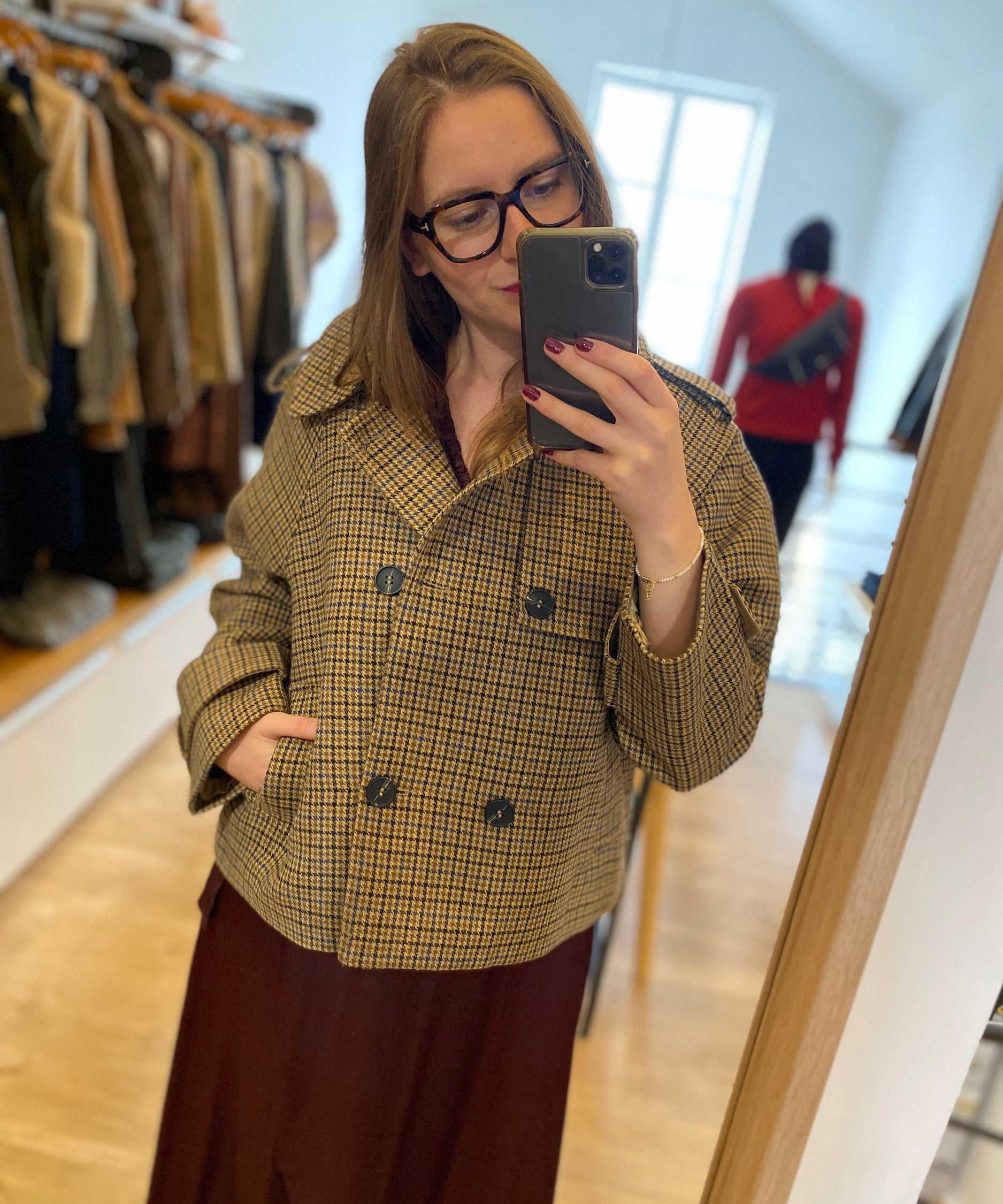 Erin Camel double-breasted checked wool short jacket - SUNCOO