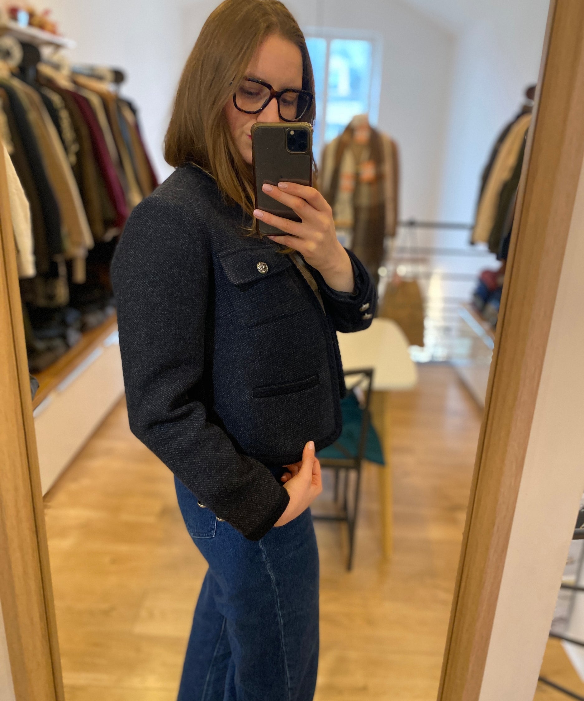 Veste courte droite en laine Denzel - Bleu nuit - SUNCOO